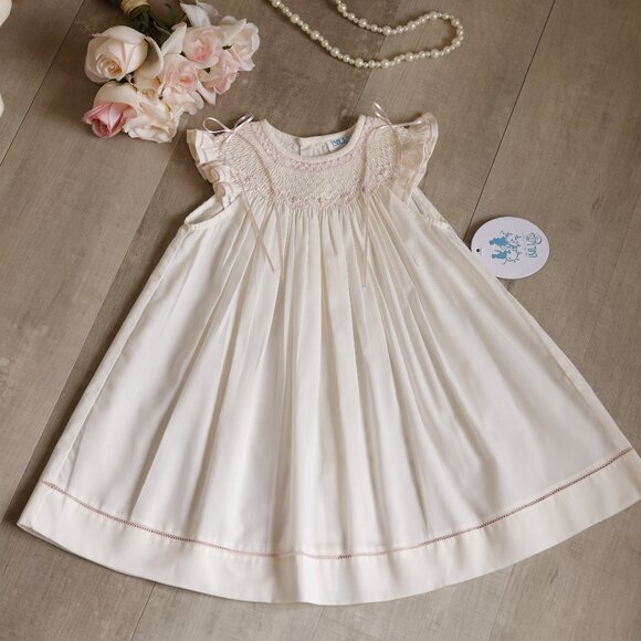 Ivory Smocked Embroidered Dress Flutter Sleeve Luli & Me Pink Trim 18 Month - Picture 1 of 6